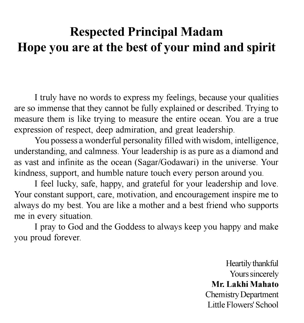 Respected Principal Madam  Hope you are at the best of your mind and spirit
