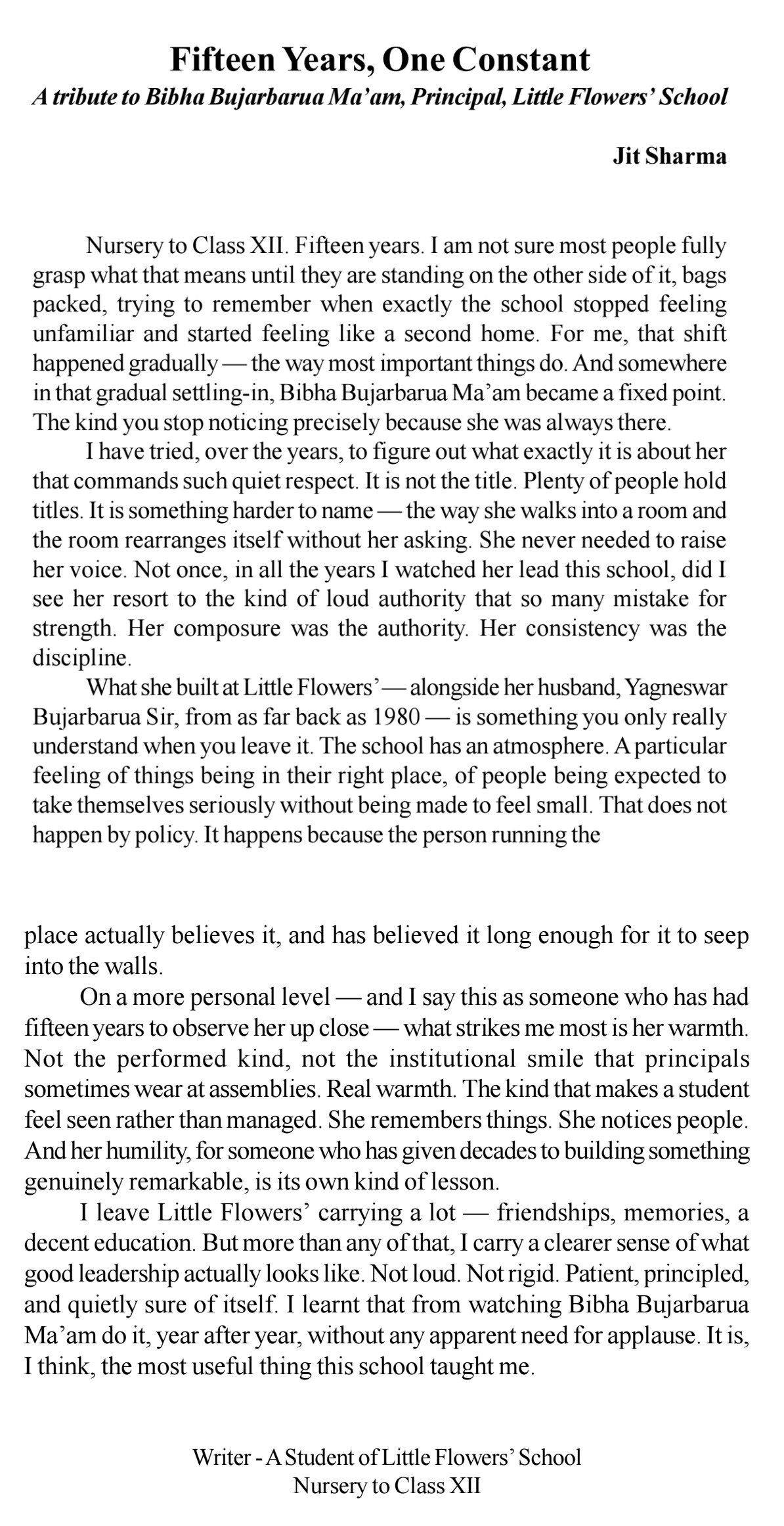 Fifteen Years, One Constant A tribute to Bibha Bujarbarua Ma'am, Principal, Little Flowers' School
